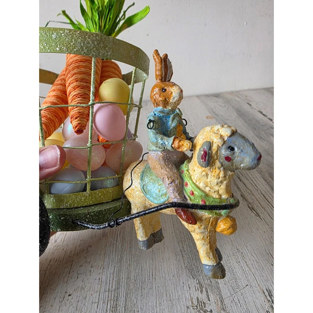 Vintage Easter Bunny cart jointed glitter crackle statue figurine rabbit